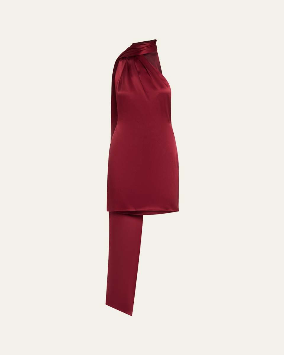 One-Shoulder Scarf Backless Silk Mini Dress